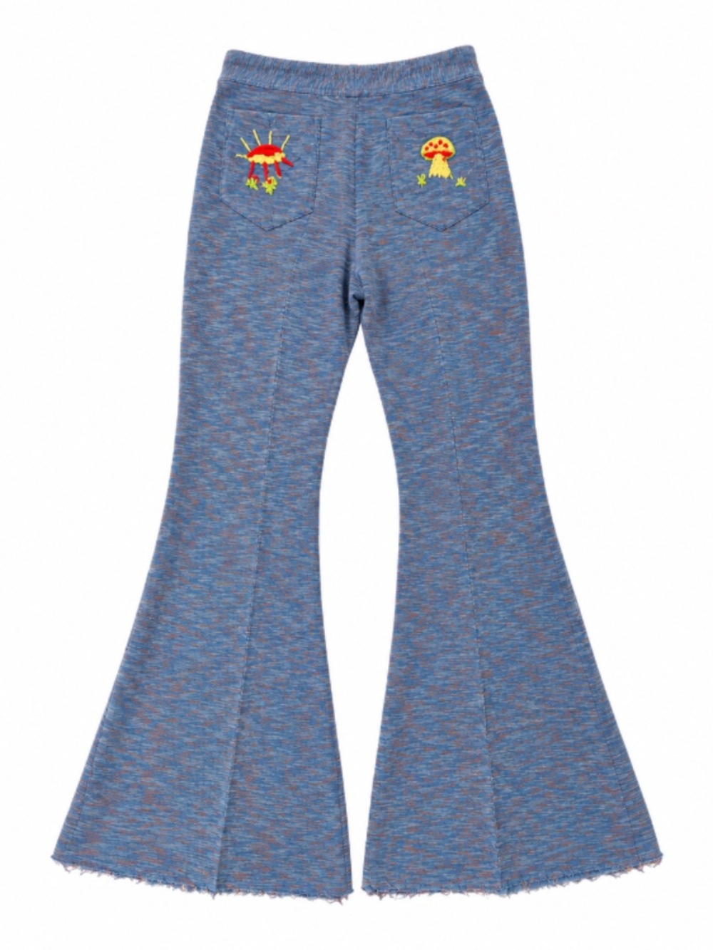 Vintage 60s 70s Variegated Woven Blue Flare Pants Embroidered Bell Bottoms